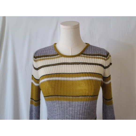 Happy Sheep Womens Yellow Gray Cream Striped Cashmere Sweater Small - Picture 2 of 5